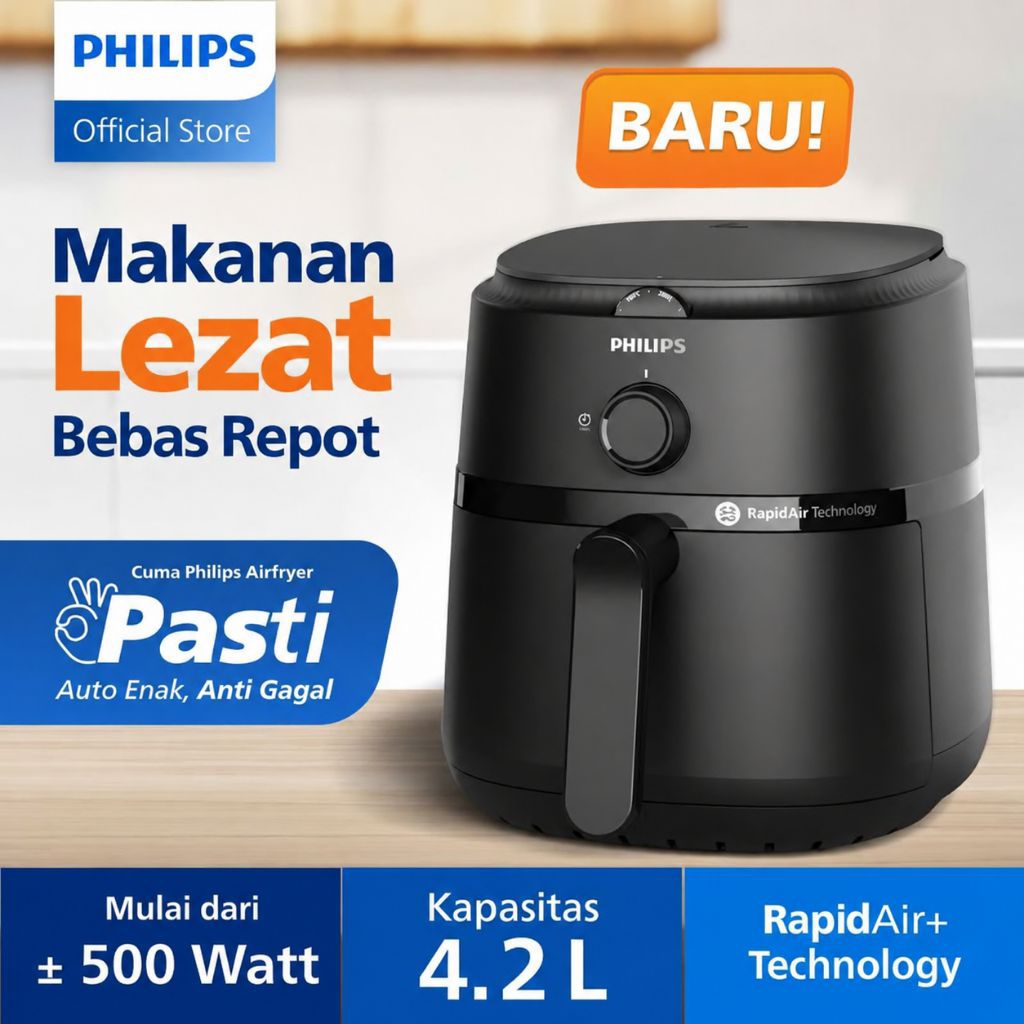 Philips Air Fryer 1000 Series 4.2L Original Airfryer Low Watt Tanpa Minyak | Penggorengan Sehat Anti