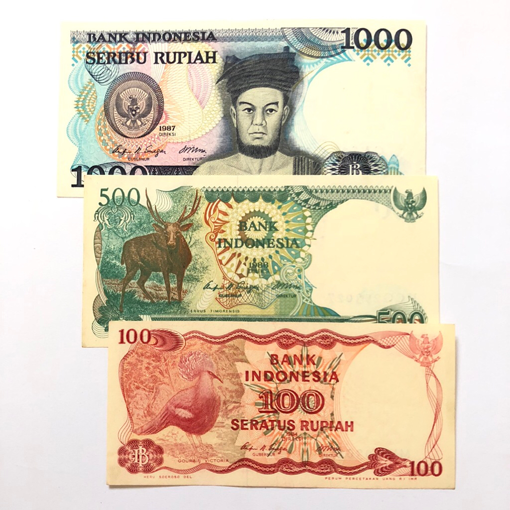 Uang Kertas Kuno 100 - 1000 Rupiah Goura Victoria, Kijang, Sisingamangaraja XII Era 80an Tahun 1984 