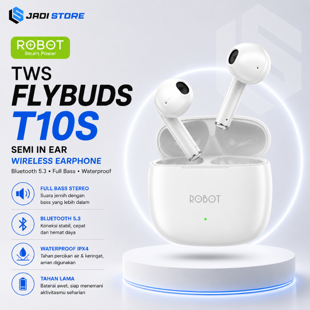 ROBOT TWS Flybuds T10S Semi In Ear Wireless Earphone Headset Bluetooth 5.3 Robot Original TWS Earbud