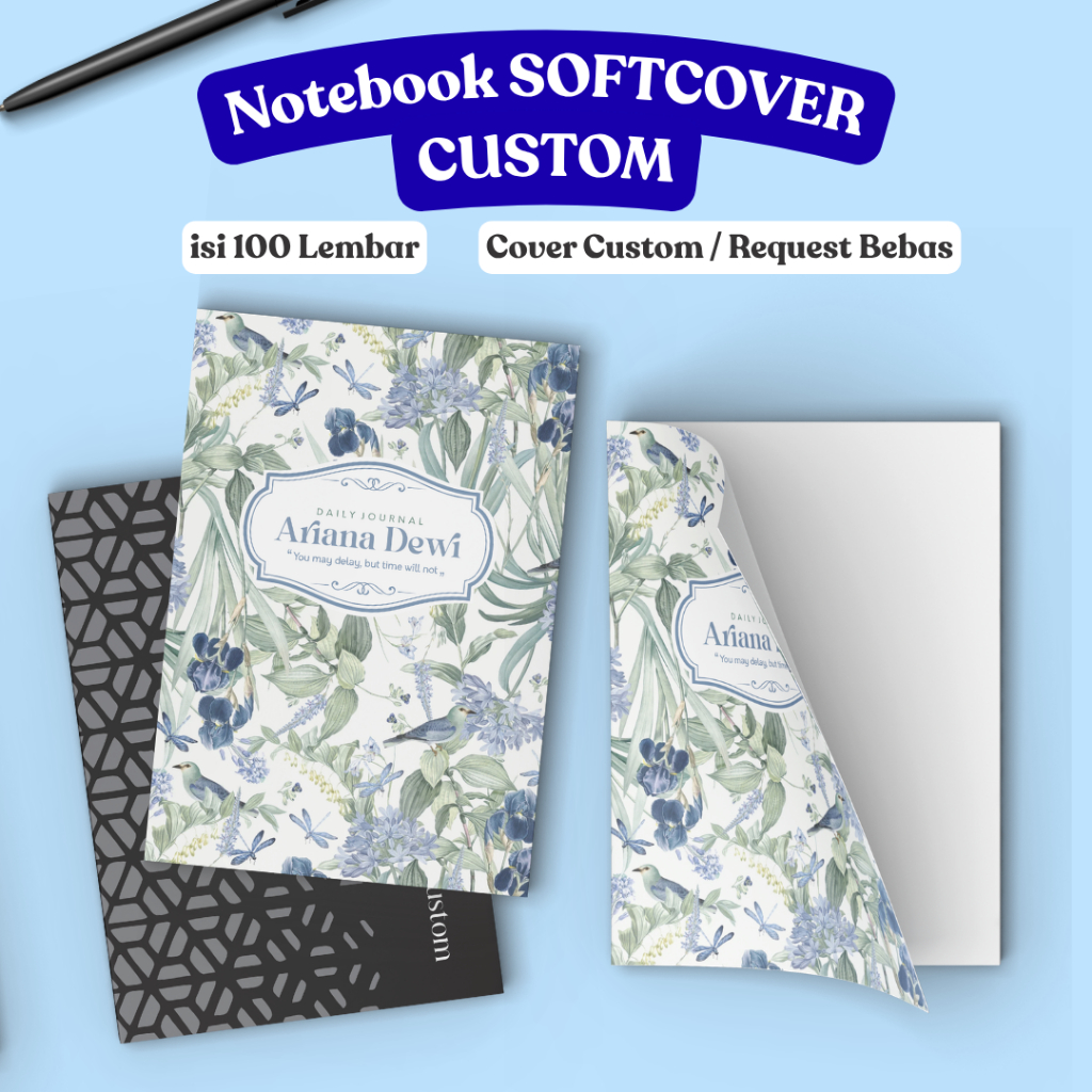 Notebook Custom Desain Softcover Ukuran A5 Isi 100 lembar/200 halaman kertas dotted grid garis dan p