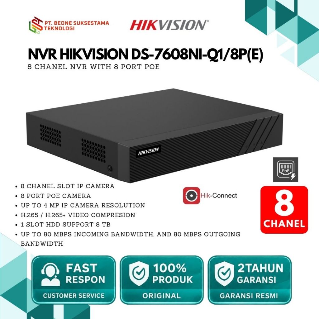 HIKVISION DS-7608NI-Q1/8P(E) NVR 8 Chanel 7600 New Series Include POE