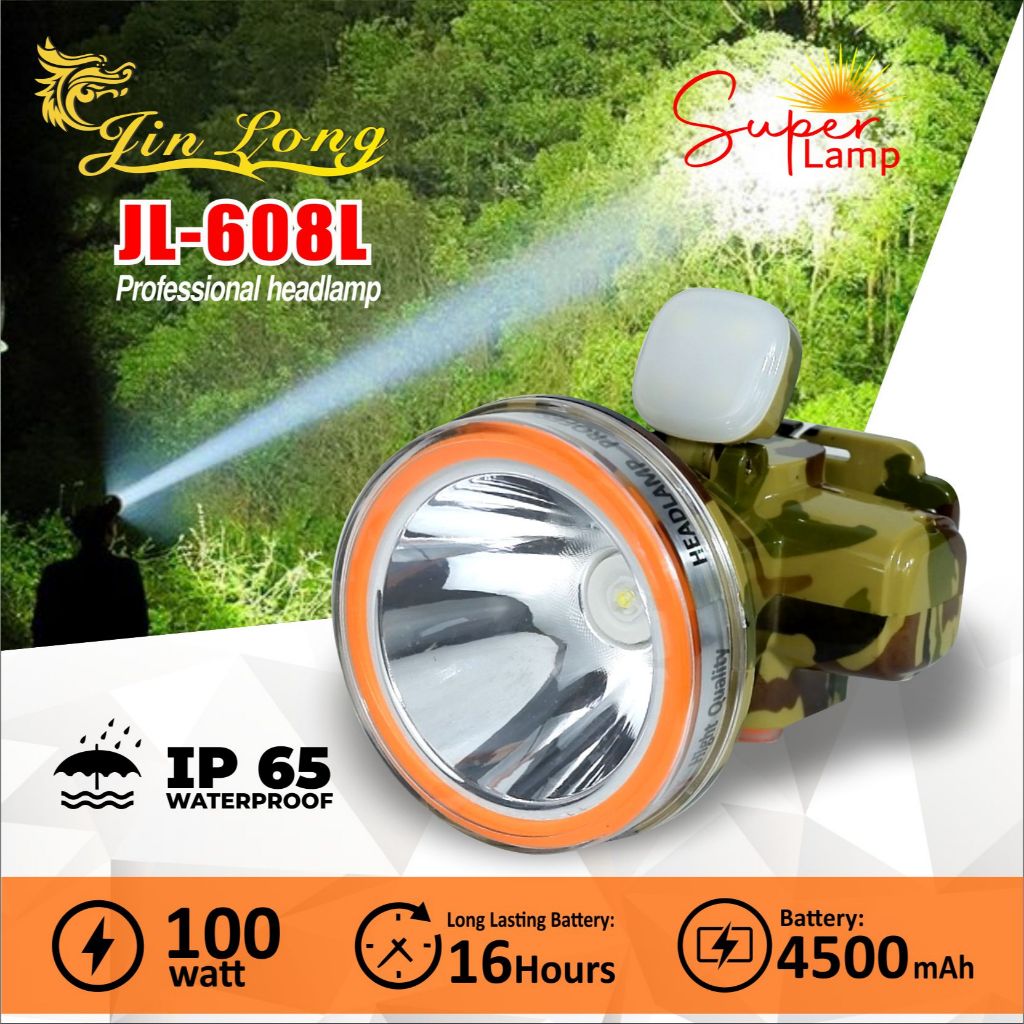Jinlong Senter Kepala Waterproof JL-608L Lampu COB 100Watt LED LASER Charger USB-C