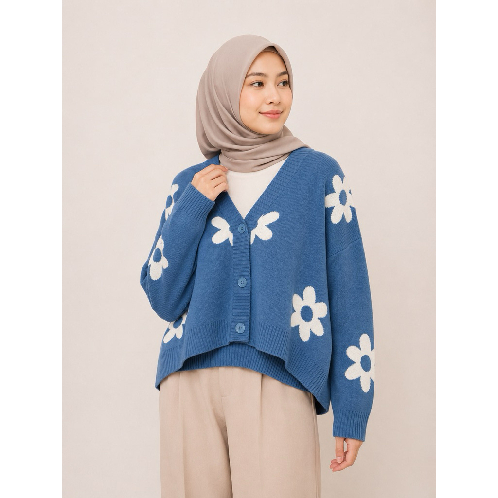 Cardigan Rajut Crop Motif Bunga