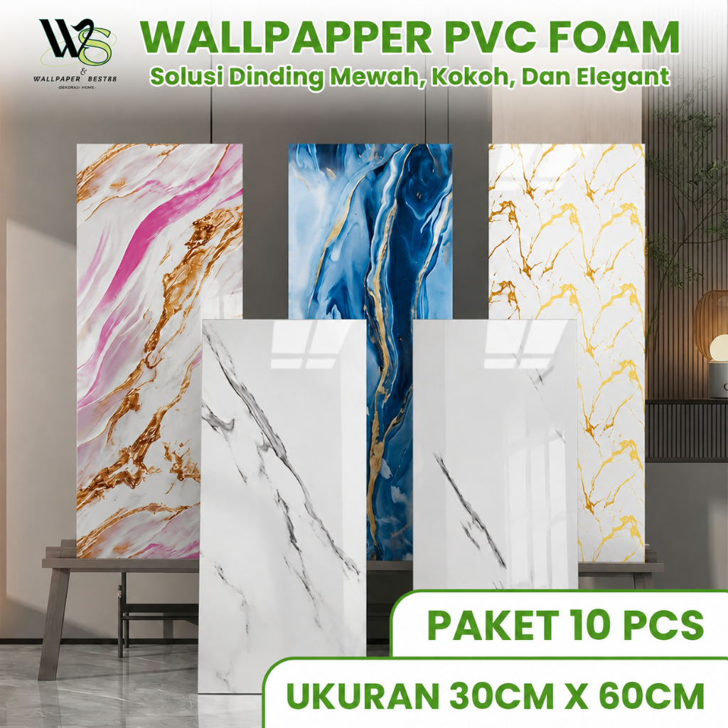 BEST WALLPAPER 10PCS wallpaper dinding vinyl marmer 30x60cm / Wallpaper Dinding kamar aesthetic