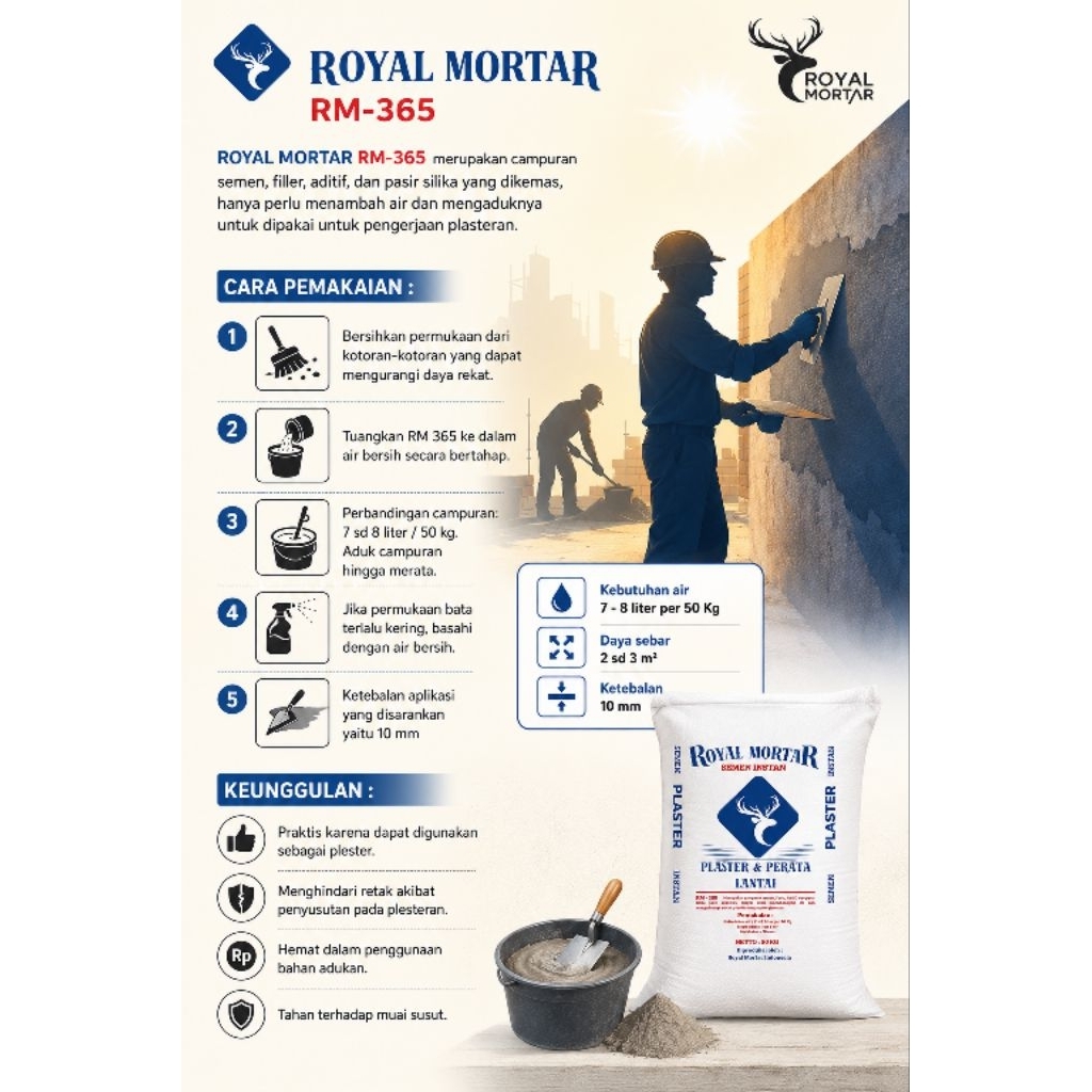 RM 365 | Plester & Perata Lantai | Royal Mortar | Semen Instan