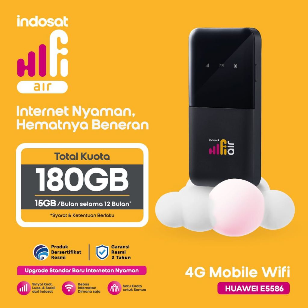 Indosat Hifi Air Modem Huawei E5586-926 WiFi Portable MiFi 4G LTE Bundling Tri Indosat 180GB 1Thn