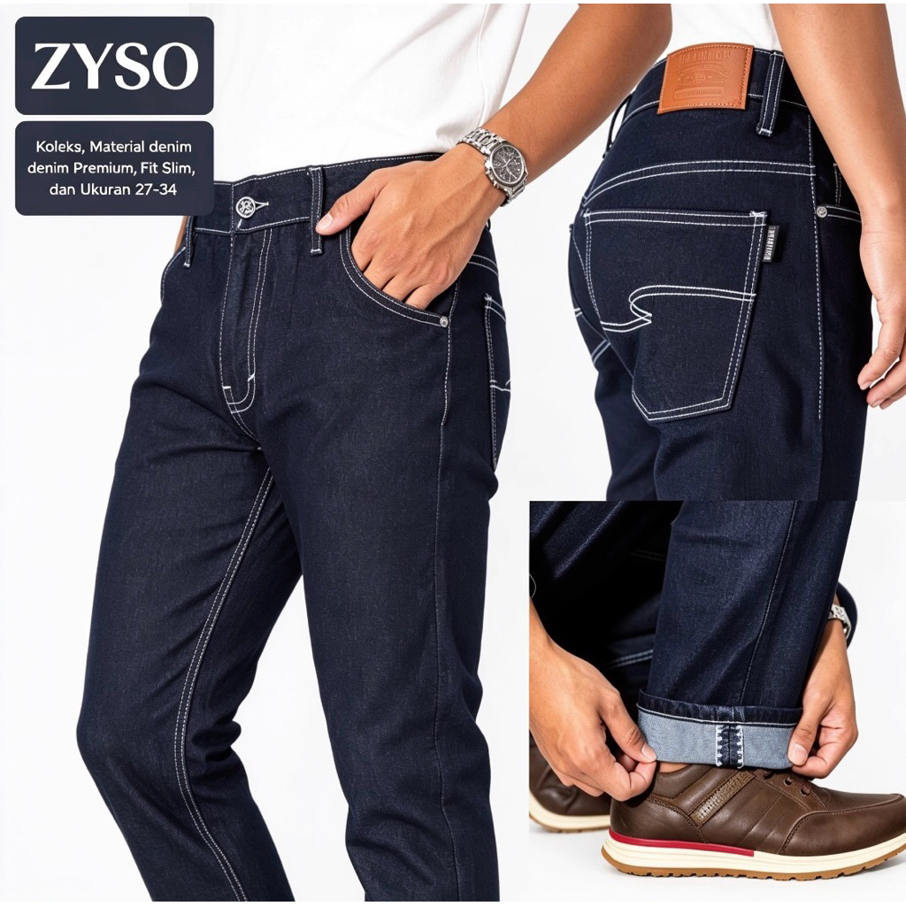 ZYSO Pants Jeans Selvedge Dark Blue White Line Pria Denim Premium Slimfit Stylish Harian Nyaman