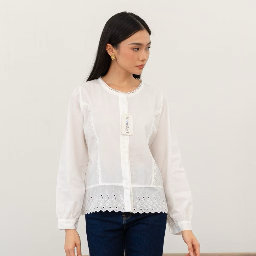 Top Atasan Wanita Lace Shirt Brukat Lengan Panjang | H