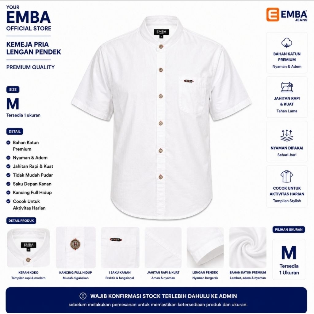EMBA Kemeja Koko Pria Size M Lengan Pendek Putih Polos