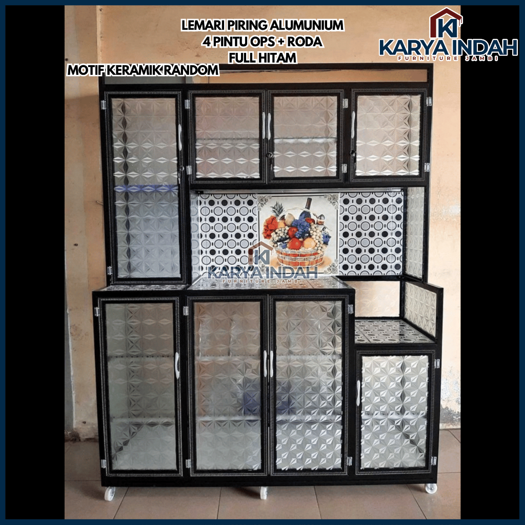Lemari Rak Piring Dapur ALUMUNIUM 4 Pintu FULL HITAM OPS Magic Com Kaca Polos Roda Alumunium