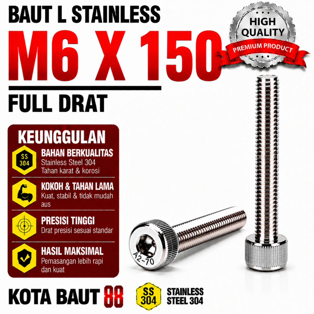 Baut L Stainless M6X150 / 6X150 / M6 X 150 / 6 X 150 Full Drat SS304 / SUS304 / A2-70