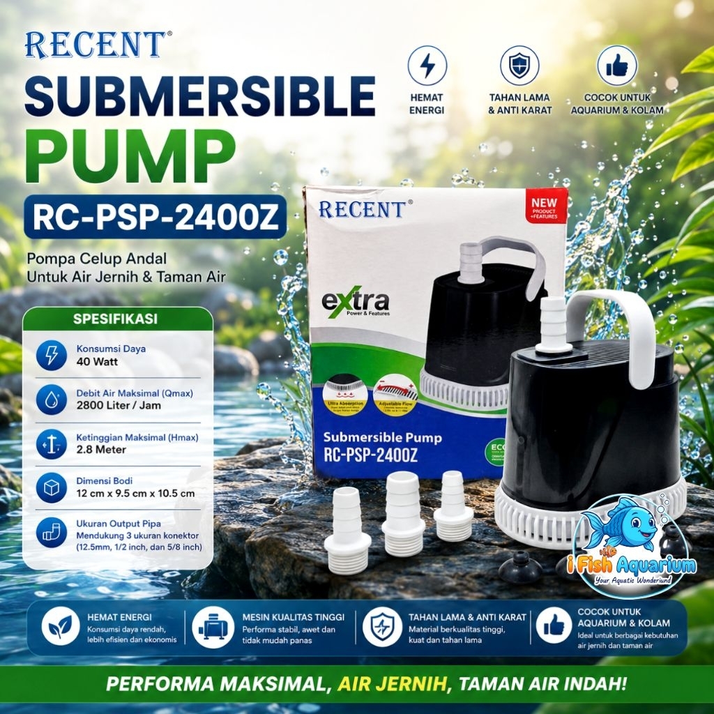 Recent Pompa Filter Hisap Bawah Aquarium RC PSP 2400Z, 40Watt, 2800L/H, 2,8 Meter, Aliran Air Stabil