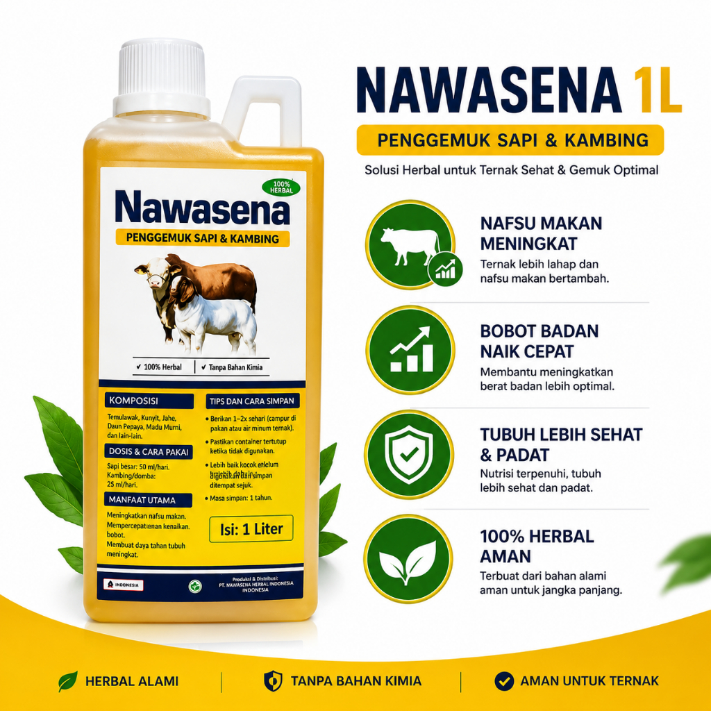 Penggemuk Sapi Kambing 1L Nawasena – Vitamin Ternak Herbal, Nafsu Makan Naik & Bobot Cepat Bertambah