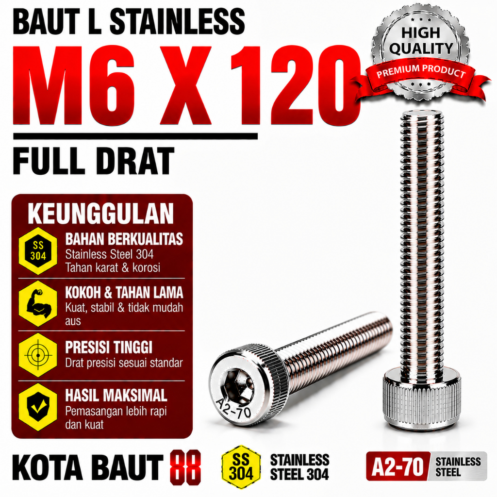 Baut L Stainless M6X120 / 6X120 / M6 X 120 / 6 X 120 Full Drat SS304 / SUS304 / A2-70