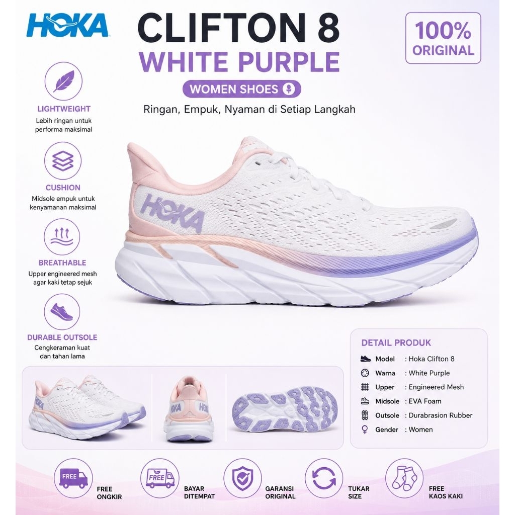 HOKA Clifton 8 White Purple Women Shoes Original | Sepatu Running Wanita Premium Ringan Nyaman