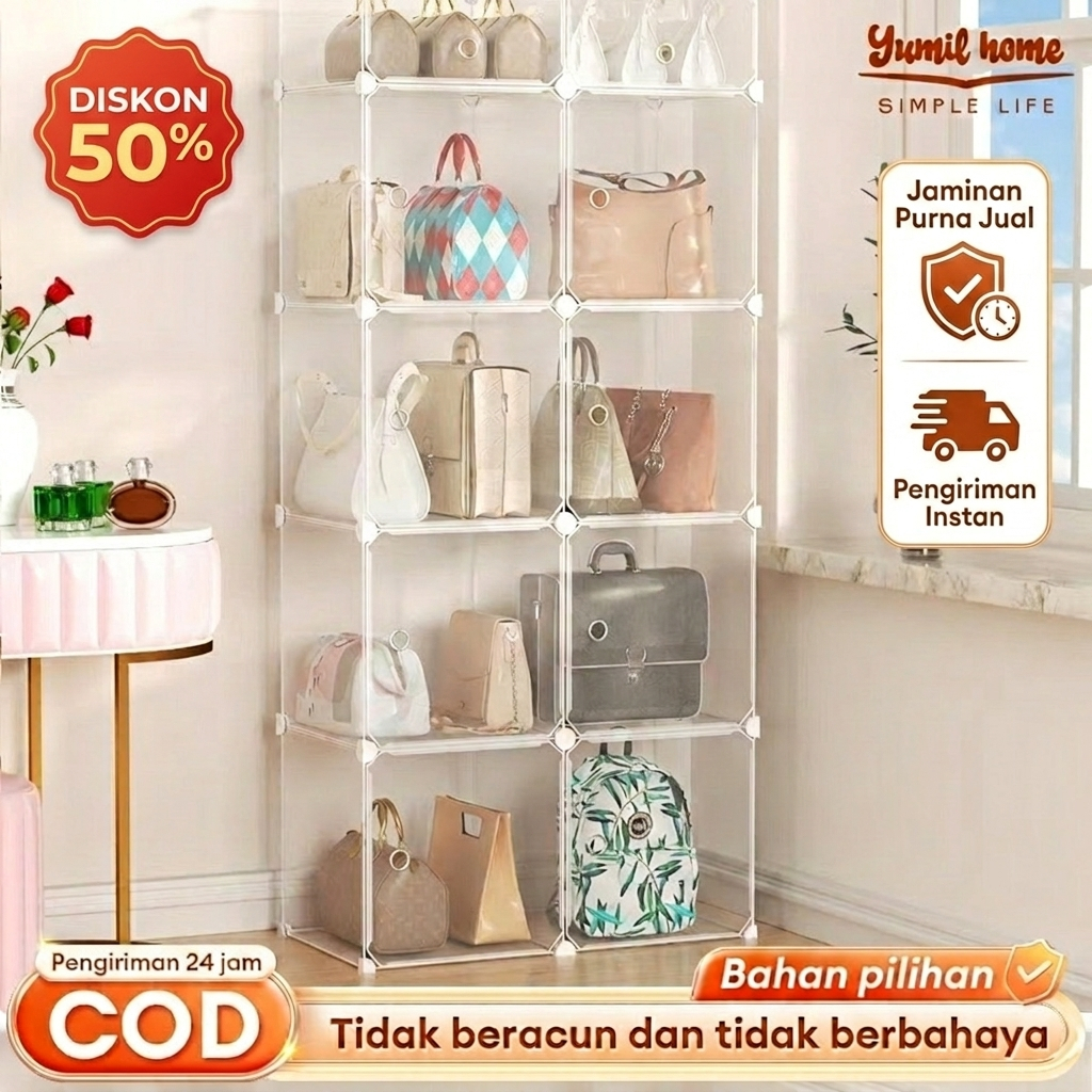 SALVO Lemari Tas Debu/Kabinet Plastik Buku/Lemari Bahan Resin Transparan Serbaguna/Rak susun serbagu
