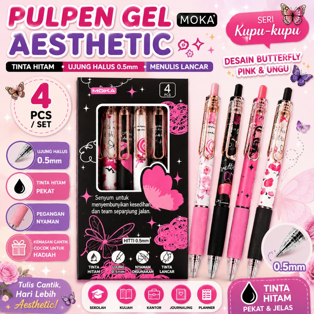 Pulpen Gel Aesthetic Moka 4PCS Tinta Hitam 0.5mm Pulpen Lucu Butterfly Pink Ungu untuk Sekolah Kanto