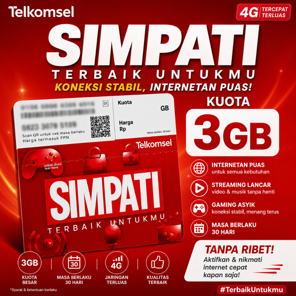 PERDANA SIMPATI 3GB - KUOTA 3GB SIAP PAKAI - PERDANA TELKOMSEL SIMPATI