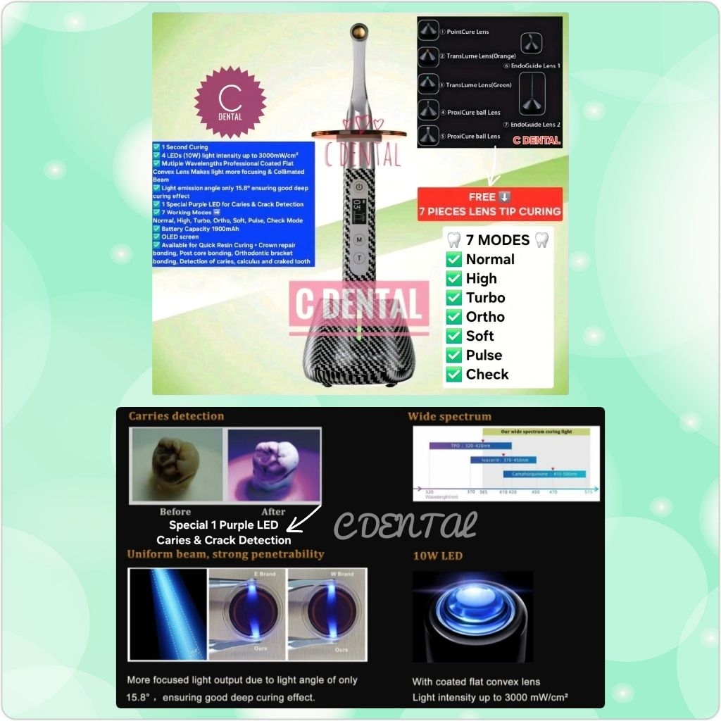 Dental DML01 7 Modes Light Cure With 7 Pcs Lens Tip (Mode Ortho Check Normal High Turbo Soft Pulse)