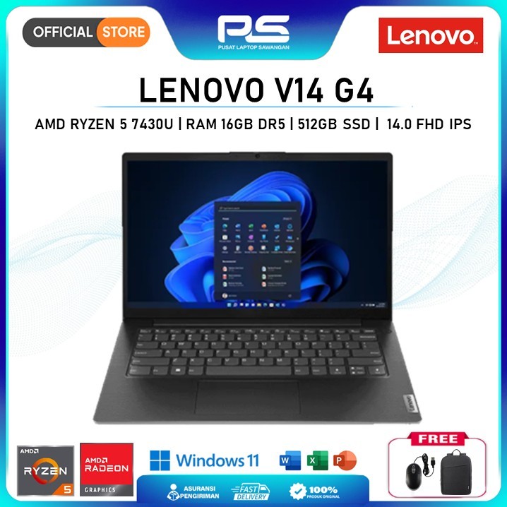 Laptop Lenovo V14 G4 Ryzen 5 7520U RAM 16GB SSD 1TB 14 Inch FHD Windows 11 Terbaru