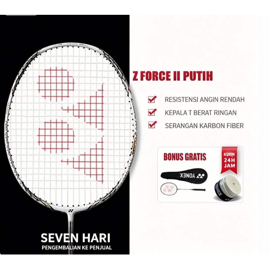 Raket Badminton YY Z FORCE II White/Black 24lbs-28lbs Bonus Grip&Tas Sudah Terpasang Senar Ready Sto