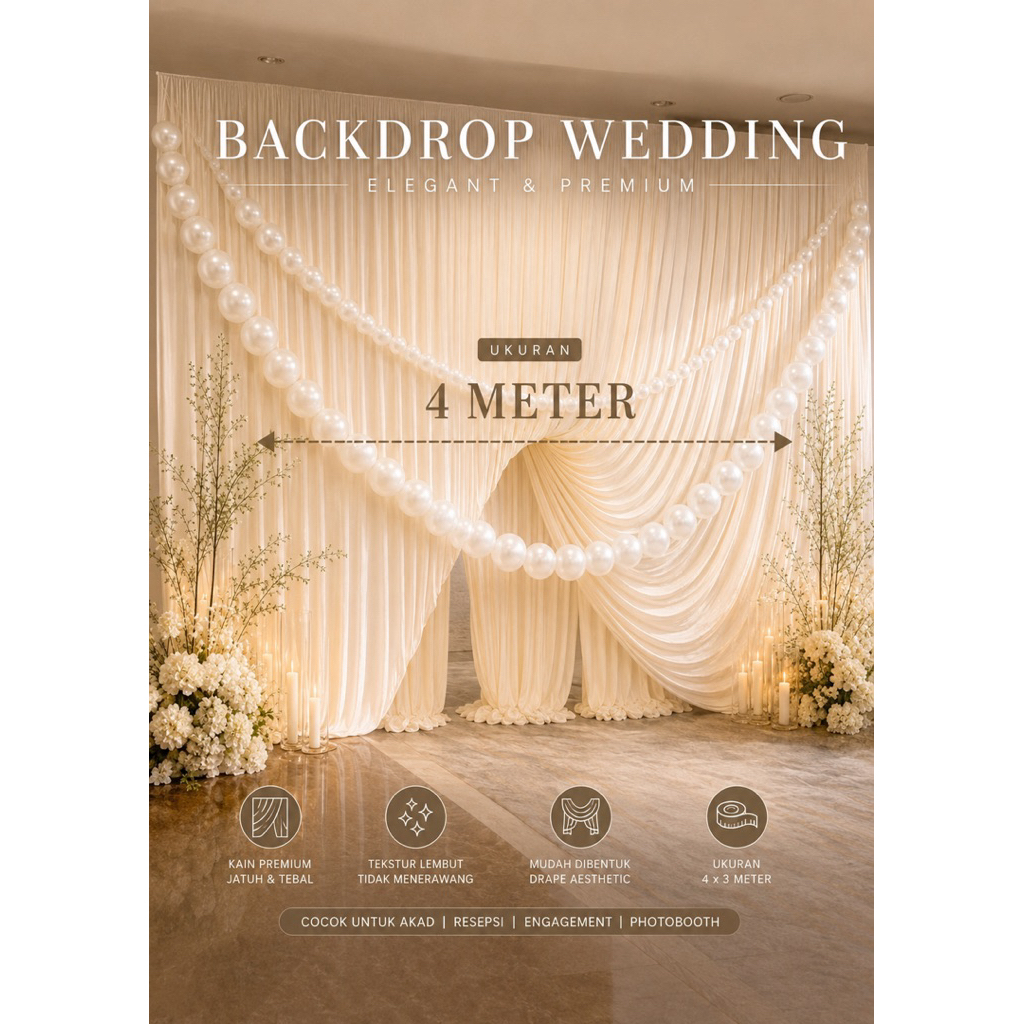 Paket Kain Backdrop Wedding + Bola Mutiara Premium 4 Meter Dekor Akad Tunangan