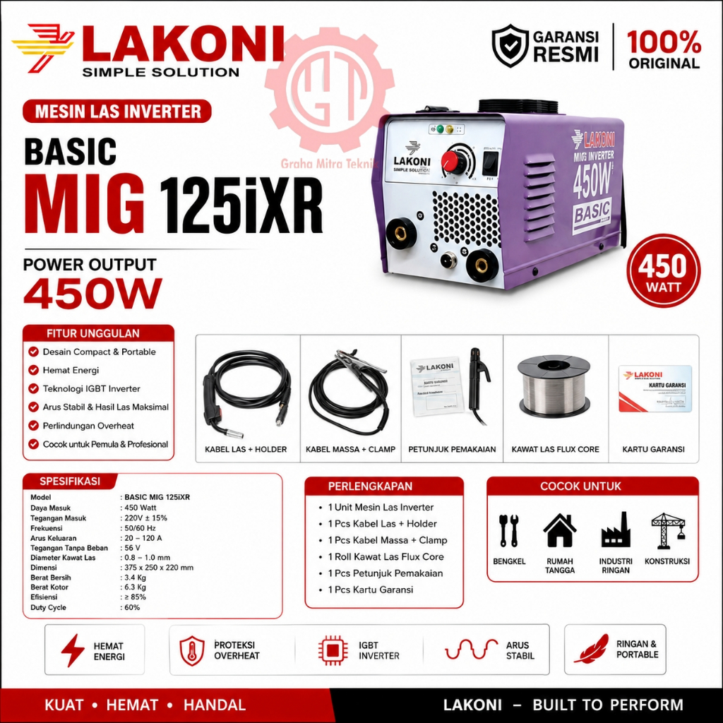 Mesin Las MIG LAKONI BASIC 125IXR | Mesin Las Inverter MIG IGBT 220V 20-120A 450 WATT