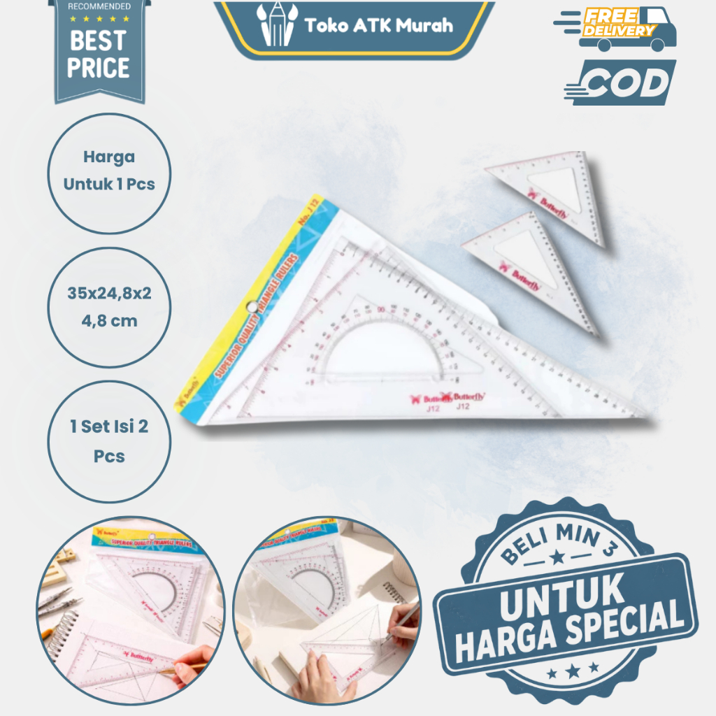 Penggaris Segitiga Set Sepasang Butterfly J12 no.12  - Triangle Ruler Penggaris Gambar Teknik
