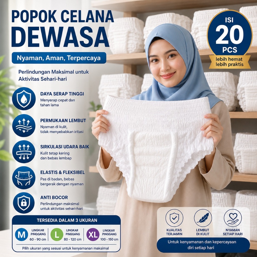 Popok Dewasa Tipe Celana|Isi 20 Pcs|Murah Berkualitas|Daya Serap Tinggi|Anti Bocor|Diapers Adult|Dia