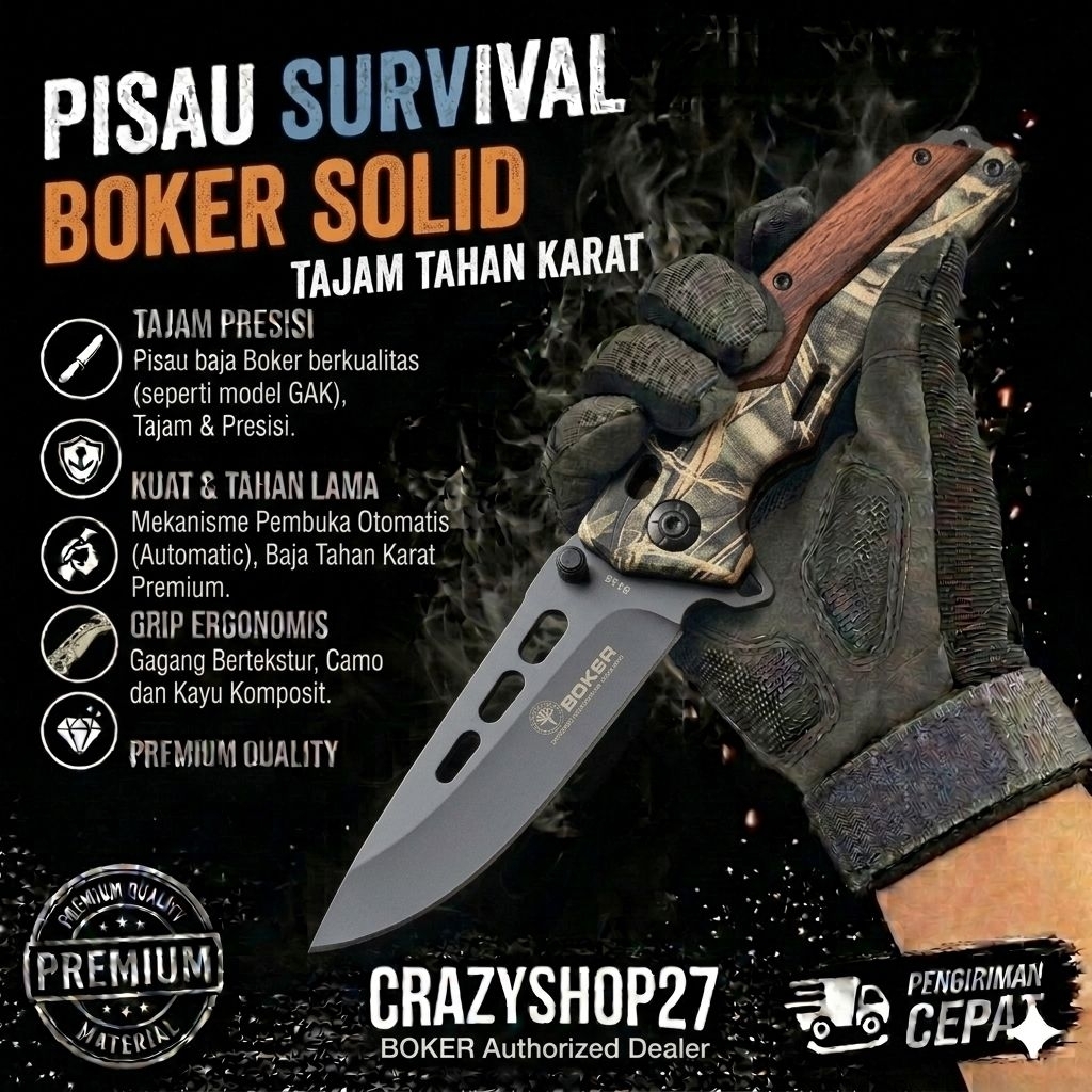 Pisau Survival Automatic BOKER / Survival Kit / Pisau Survival