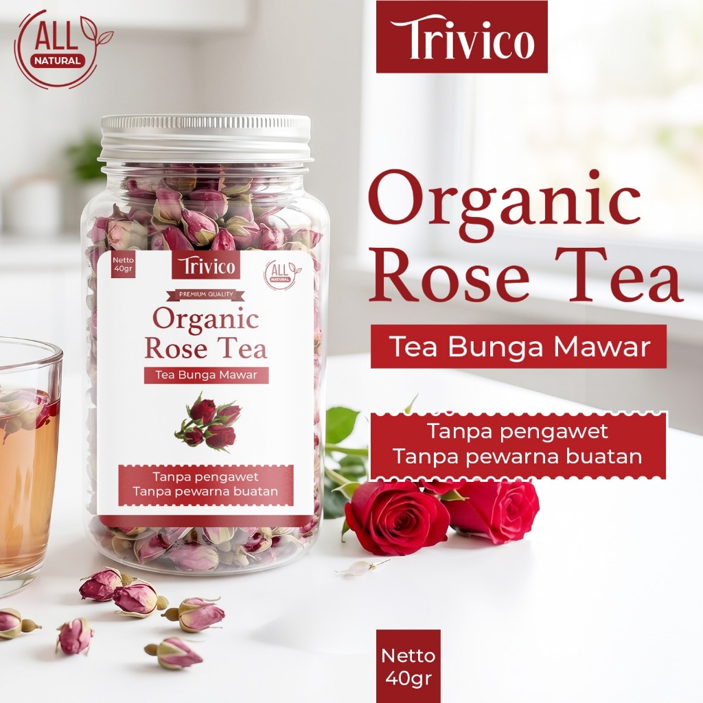 Teh Bunga Mawar Kering Organik untuk Seduhan Herbal, Kemasan 40 Gram