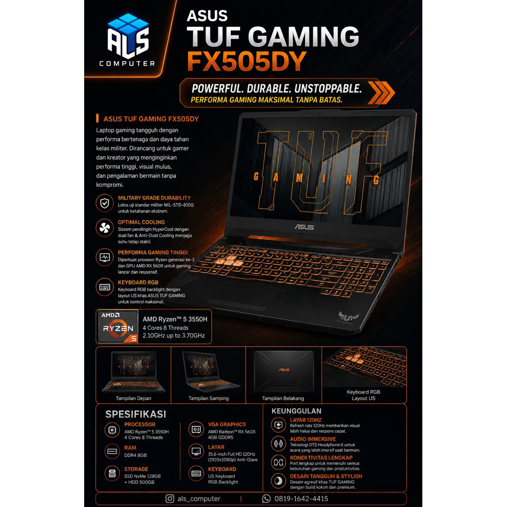 ASUS TUF GAMING FX505DY AMD Ryzen 5 3550H /8GB /SSD NvMe 128GB + HDD 500GB /VGA AMD RX 560X 4GB /Led