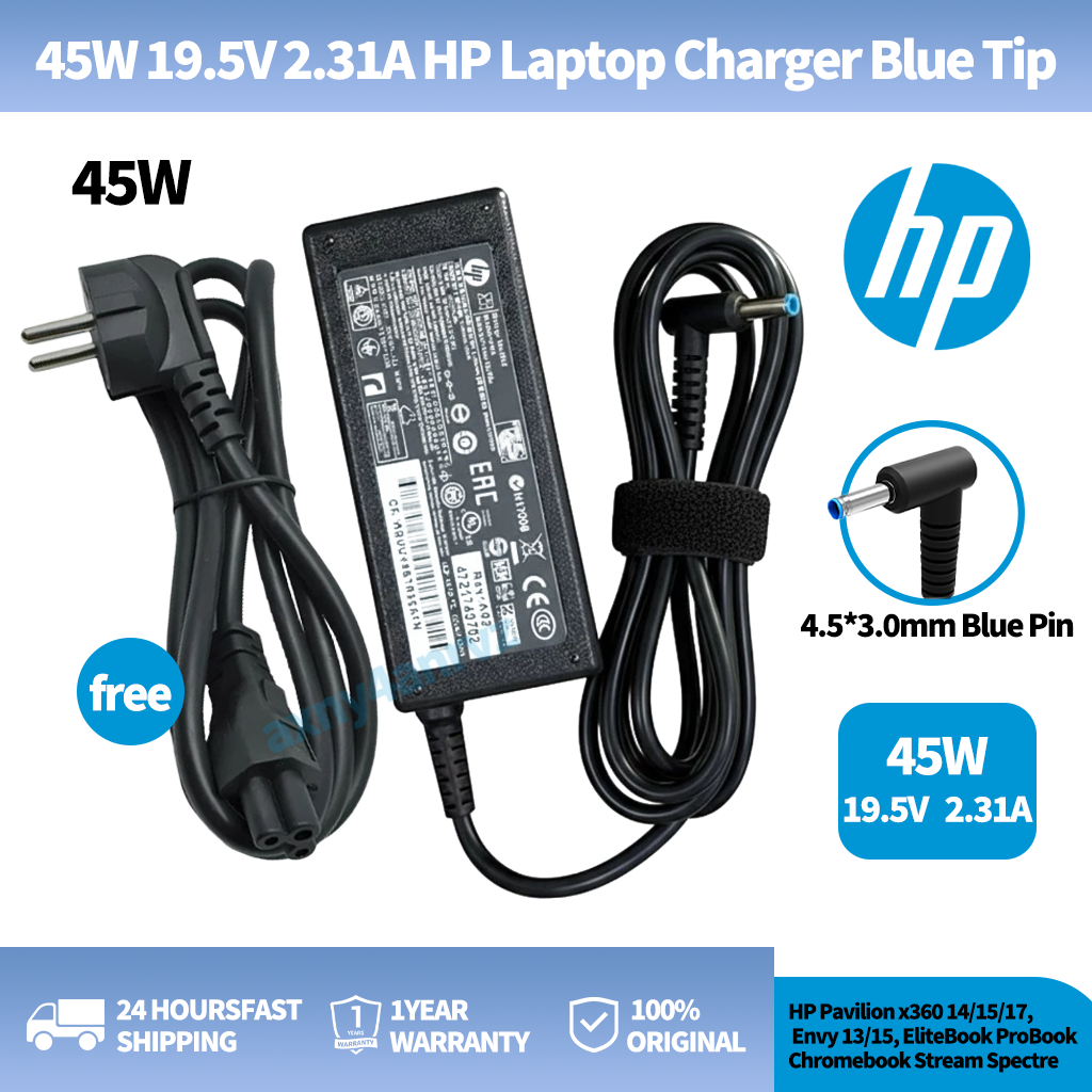 Original Charger Adaptor HP 45W Blue Tip Untuk Pavilion,Envy,EliteBook,Chromebook,Spectre,Stream,Pro