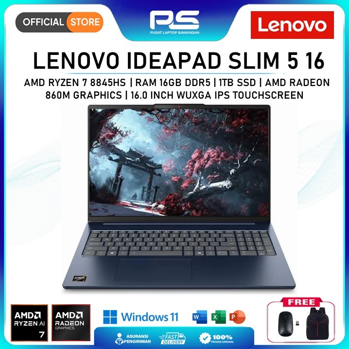 Lenovo Ideapad Slim 5 Ryzen 7 8845HS RAM 16GB SSD 2TB Layar 16" Touchscreen WUXGA Backlight Window11