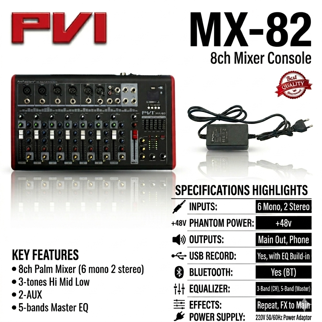 PVI MX-82 Mixer Console dengan USB,  EQ dan Bluetooth