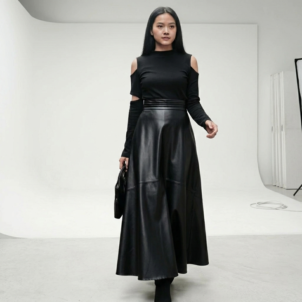 A Leather - Rok Kulit Panjang Wanita High Waist A-Line Maxi Skirt Korean Style Hitam