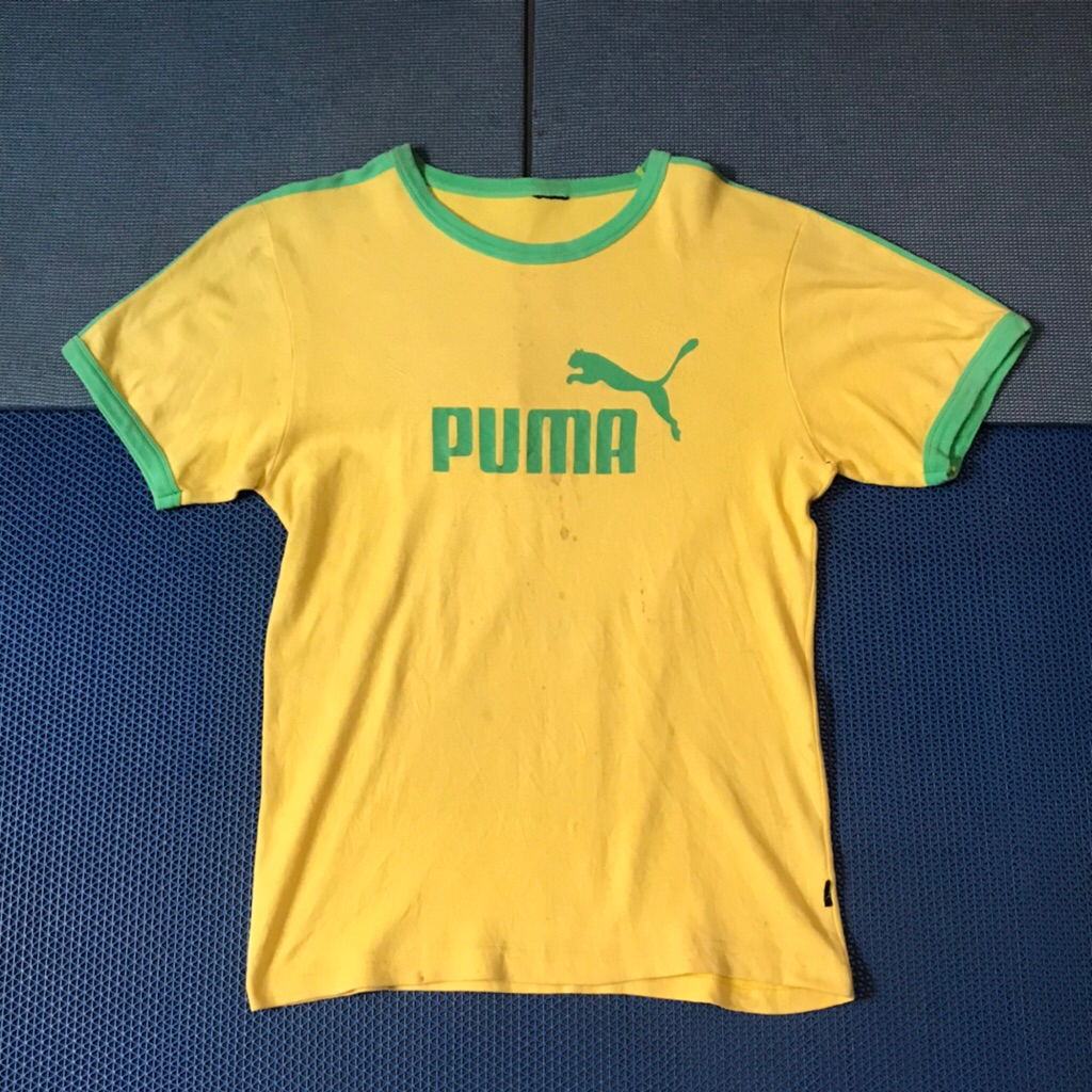 Vintage Puma Brazil Ringer T shirt Tee ringer tee  Size L  yellow green tipped  Pxl 69x54 cm  Sleeve