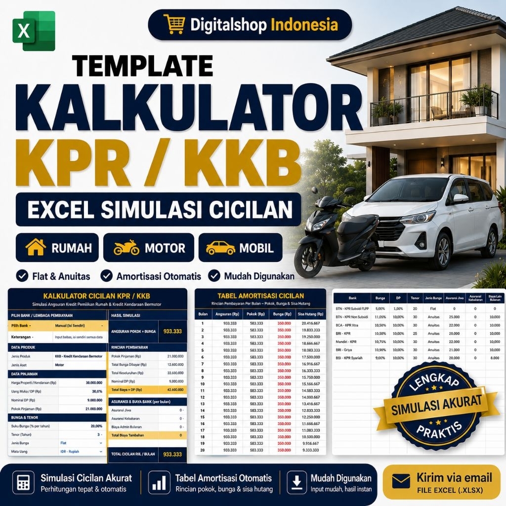 Template Kalkulator KPR KKB Excel Simulasi Cicilan Rumah Motor Mobil Flat Anuitas Amortisasi