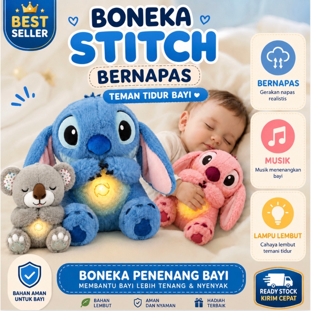 Boneka Stitch Bernapas Dengan Musik & Lampu | Boneka Penenang Bayi Teman Tidur Anak