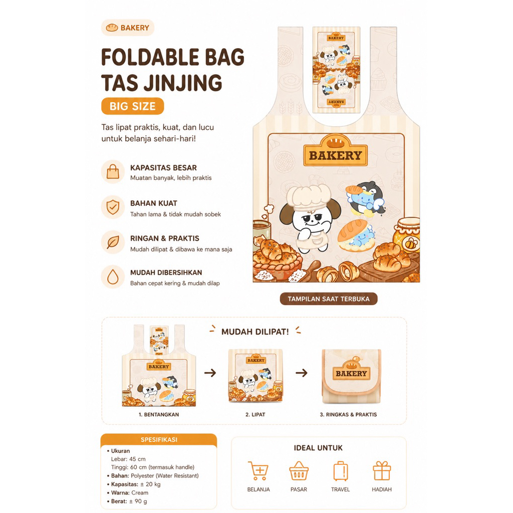 FOLDABLE BAG TAS JINJING ECO TAHAN AIR MUAT BaNYAK BAG SUPER JUNIOR KYUHYUN KYUMAE BAKERYSHOP UKURAN