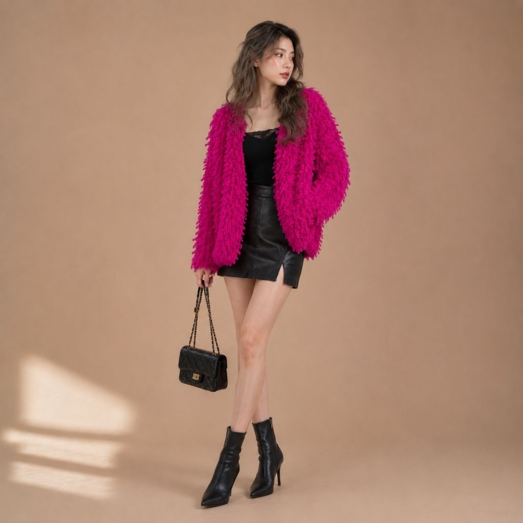 Preloved Cardigan Bulu Wanita Fuchsia Pink Premium Outer Fluffy Knit