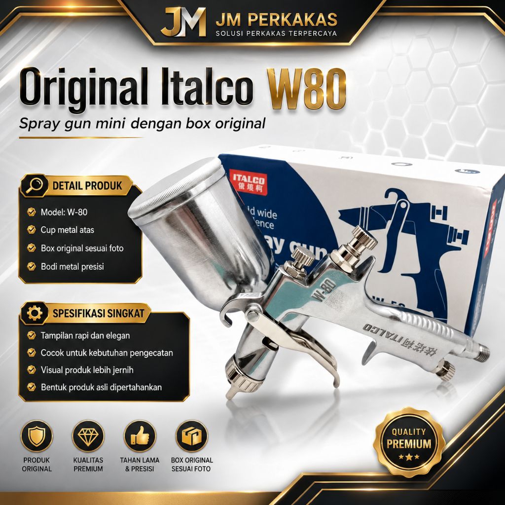 Spray Gun Italco W80 Original – Premium Top Cup Stainless | Nozzle Presisi Finishing Halus