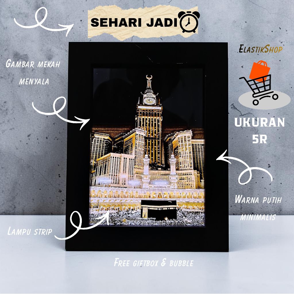 Frame Ka'bah 3D Lampu LED – Bingkai Islami Estetik Bisa Menyala | Hiasan Dinding & Kado Spesial