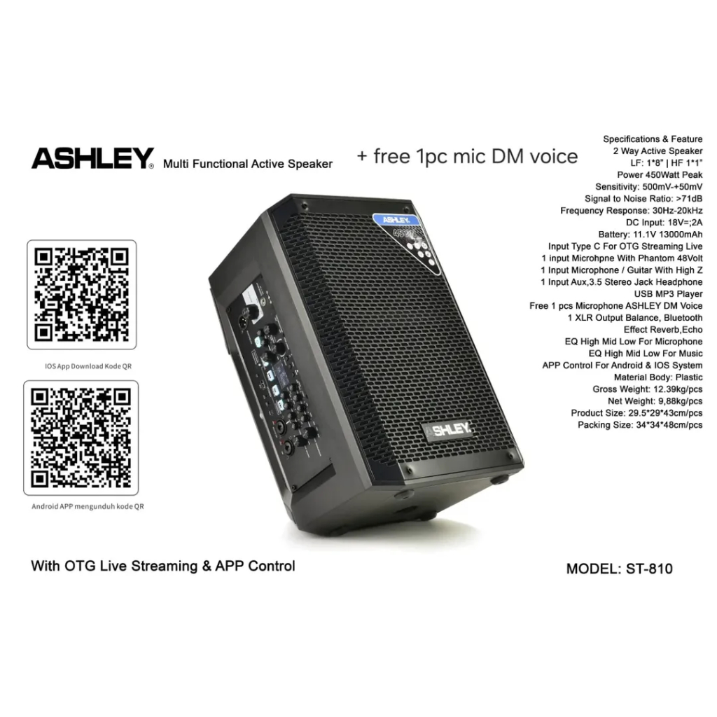 Speaker ashley ST 810 Speaker Portable Ashley  Bonus Microphone dm voice