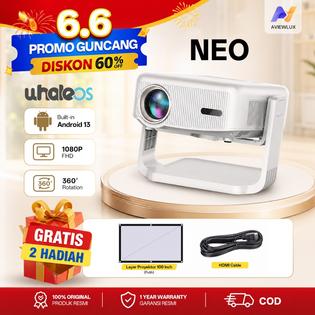 AVIEWLUX NEO Smart Proyektor LCD Gimbal 360° - Whale OS - Netflix  - 1080P Full HD - Android TV 13 -