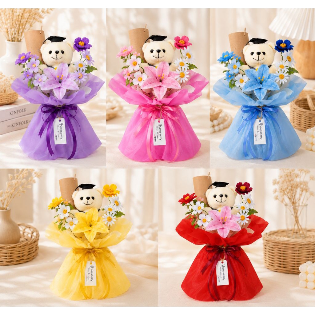 Buket Wisuda Boneka Bunga Flanel Premium | Buket Handmade Estetik | Kado Wisuda Unik
