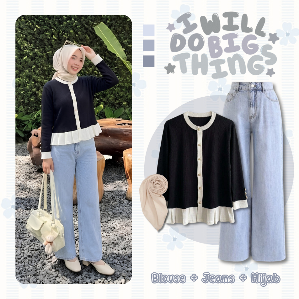 One Set Wanita 3in1 Casual Korean Look | Vania Cardigan Knit Rampel Kombinasi Hitam + Loose Pant Jea