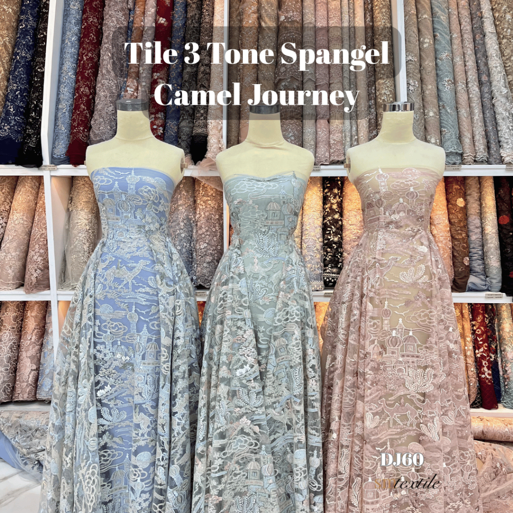 Kain Tile Bordir Spangel 3 Tone Premium Camel Journey DJ 60 | Kain Tulle Manik Payet Motif Onta Pada