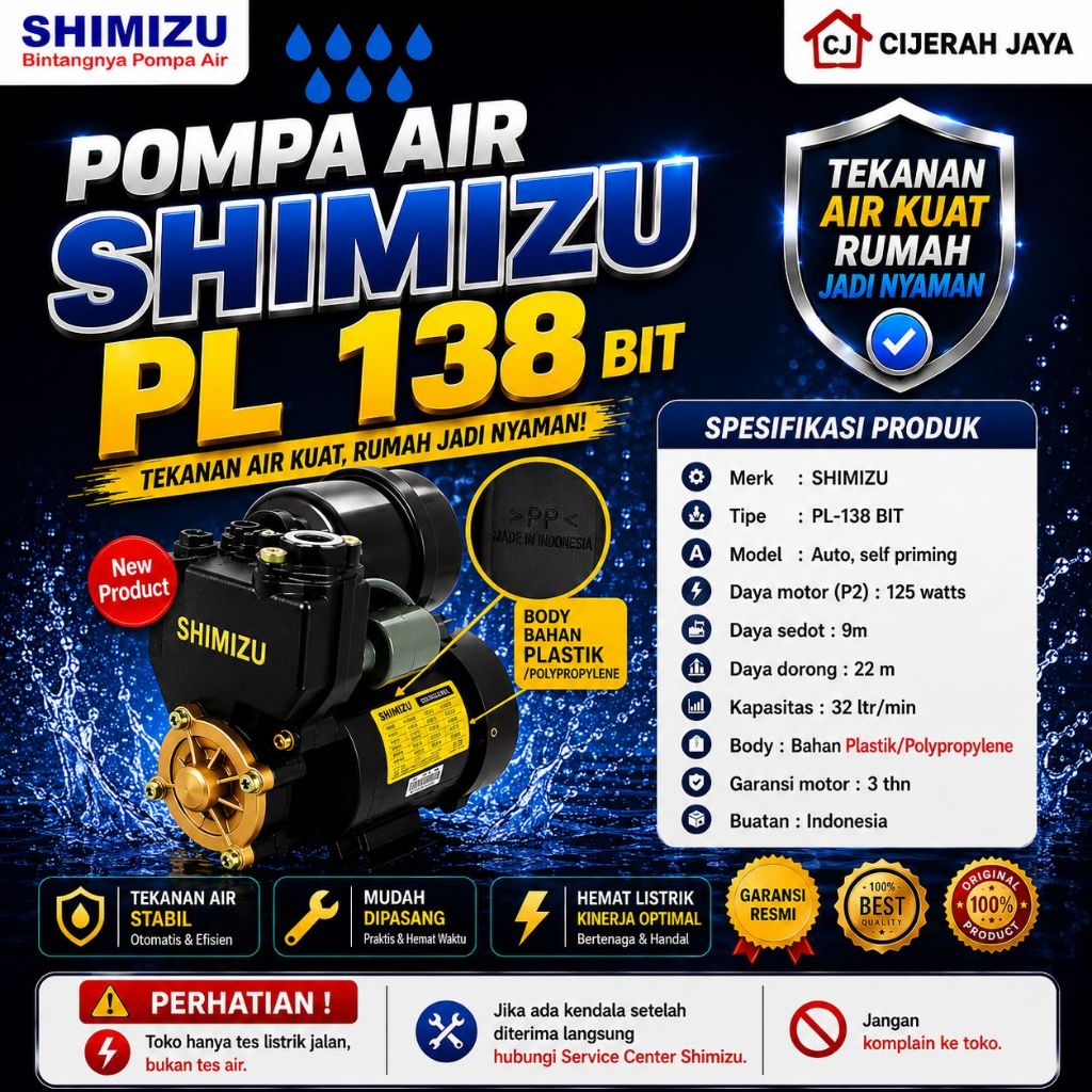 SHIMIZU PS 138 BIT POMPA AIR OTOMATIS PL-138BIT PL138BIT PL 138 BIT BODY PLASTIK ANTI KARAT
