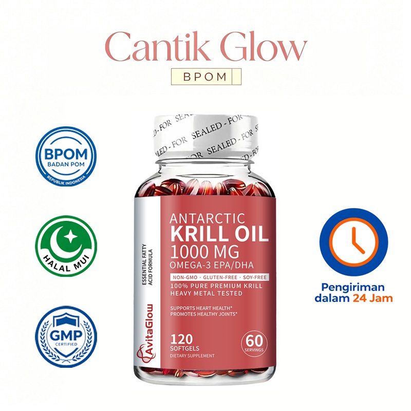 AvitaGlow Antarctic Krill Oil 1000mg - 120 Softgel - Omega-3 EPA DHA - Kesehatan Jantung & Sendi - N